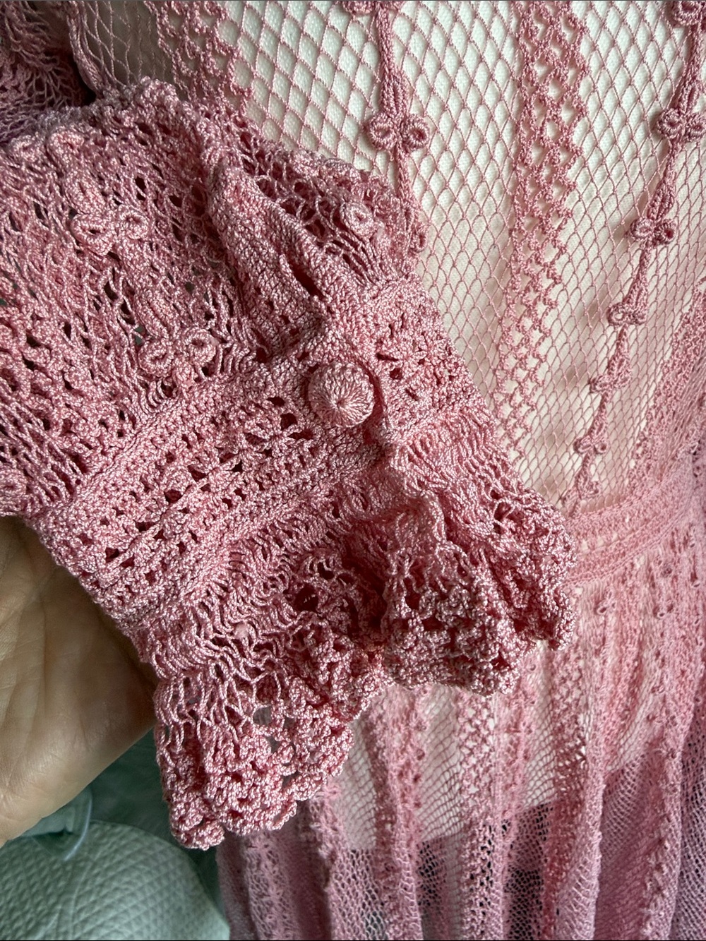 Blush Pink Crochet Vintage Midi Dress - Women's Lace Knit Dress - Picture 4 of 17